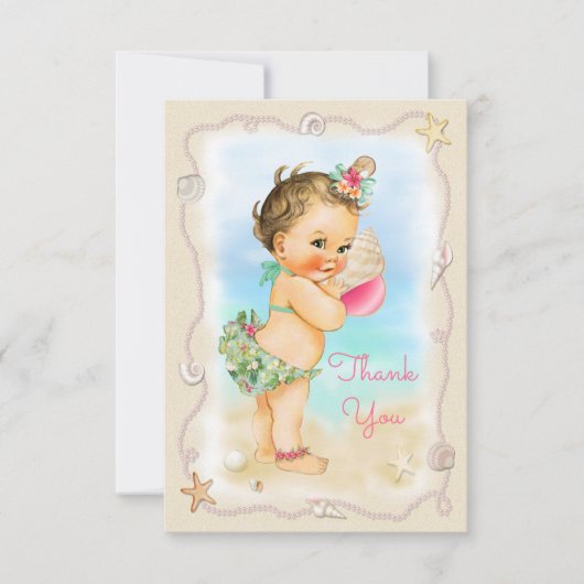 ブルネットのビーチのベビーのコンシュの貝は感謝していしています サンキューカード (正面)