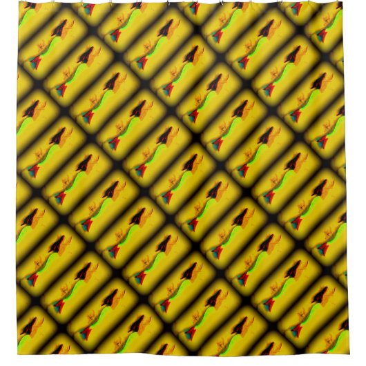 ブルネットの人魚が上のパターンを泳いでいる シャワーカーテン (正面)