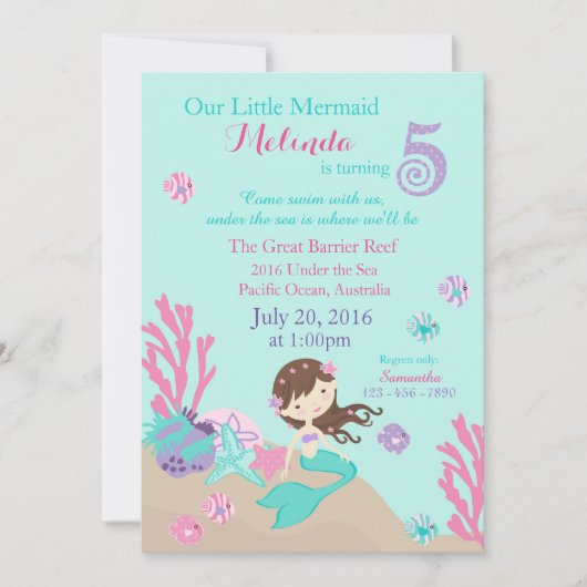 ブルネットの人魚の第5誕生日の招待状 招待状 (正面)