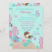 ブルネットの人魚の第5誕生日の招待状 招待状 (正面/裏面)