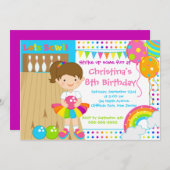 ブルネットの女の子のボーリングのバースデーパーティ招待状 招待状 (正面/裏面)