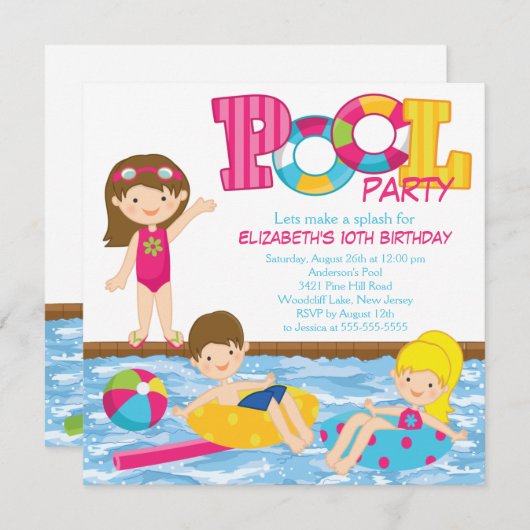 ブルネットの女の子の誕生日のプールのパーティの招待状 招待状 (正面/裏面)