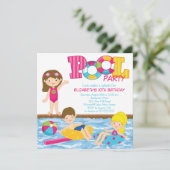 ブルネットの女の子の誕生日のプールのパーティの招待状 招待状 (スタンド正面)