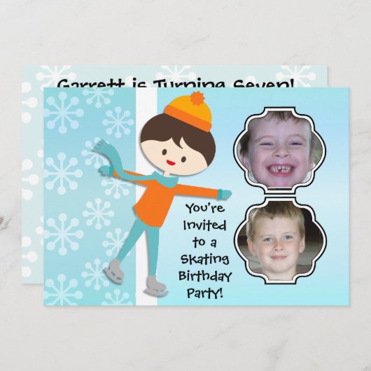 ブルネットの男の子の誕生日のスケートで滑るのパーティの招待状 招待状 (正面/裏面)