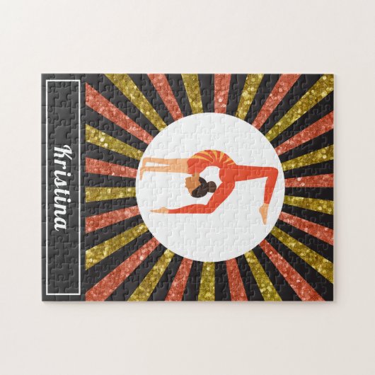 ブルネットガールギムナスト体操金ゴールドオレンジ名 ジグソーパズル (横)