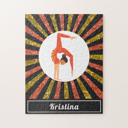 ブルネットガールギムナスト体操金ゴールドオレンジ名 ジグソーパズル (縦)