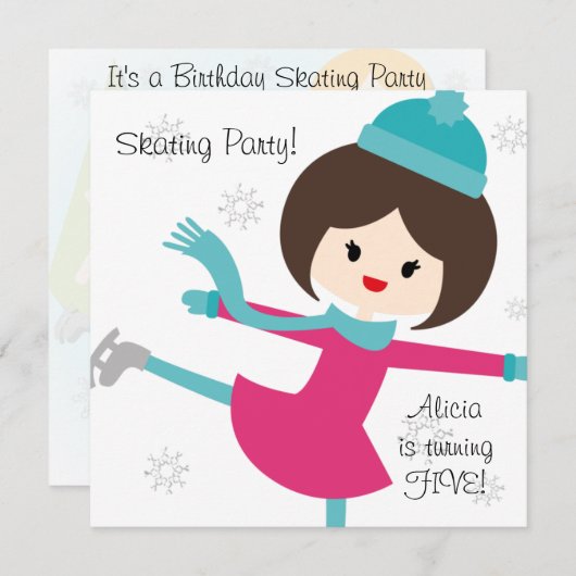 ブルネットガールスケートで滑る誕生日招待状 招待状 (正面/裏面)
