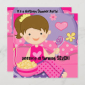 ブルネットガールスランバーパーティー誕生日招待状 招待状 (正面/裏面)