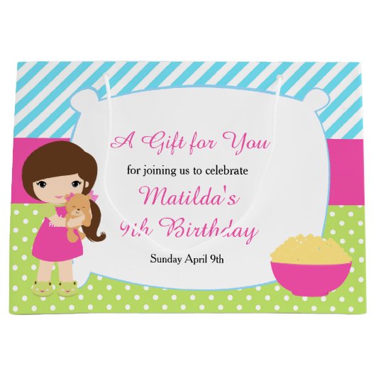 ブルネットガールスリーポバースランバーパーティー誕生日 ラージペーパーバッグ (正面)