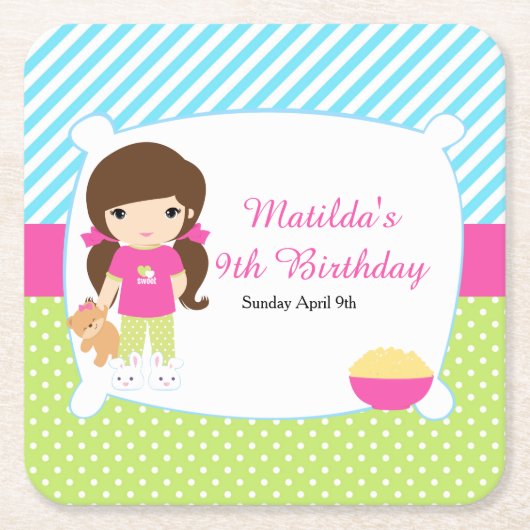 ブルネットガールスリーポバースランバーパーティー スクエアペーパーコースター (正面)