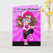 ブルネットガールズヒップホップハッピーバースデー カード (黄色い花)