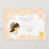 ブルネットガールファーストコミュニオンダマスク招待状 招待状 (正面/裏面)