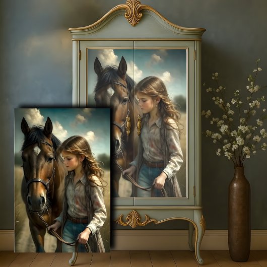 ブルネットガールブラウンホース素朴カントリーデクページ 薄葉紙