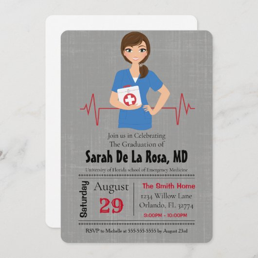 ブルネットガールメディカルスクール卒業招待状 招待状 (正面/裏面)