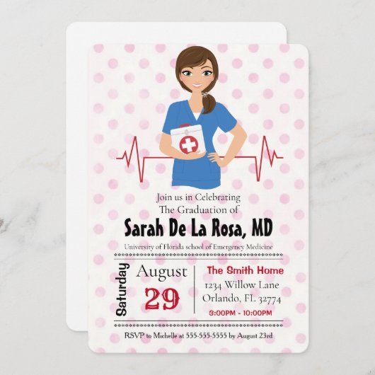 ブルネットガールメディカルスクール卒業招待状 招待状 (正面/裏面)