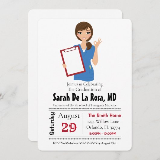 ブルネットガールメディカルスクール卒業招待状 招待状 (正面/裏面)