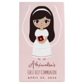 ブルネットガール宗教的な最初の聖餐式ピンク スモールペーパーバッグ (裏面)