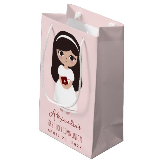 ブルネットガール宗教的な最初の聖餐式ピンク スモールペーパーバッグ (裏面アングル)
