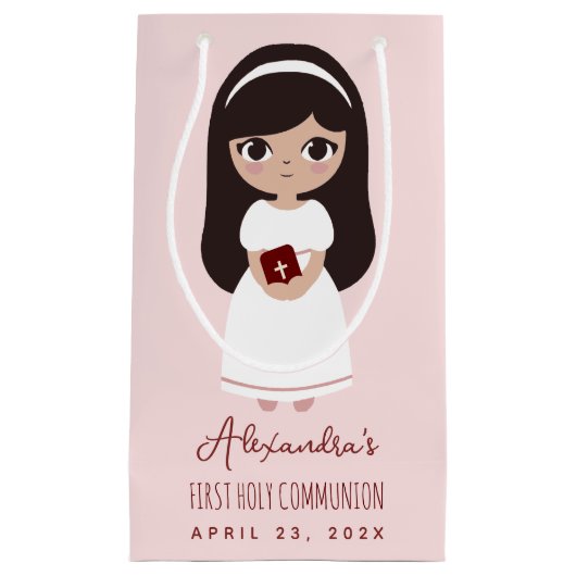 ブルネットガール宗教的な最初の聖餐式ピンク スモールペーパーバッグ (正面)