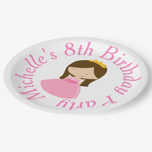 ブルネットキュートプリンセス&ドラゴンバースデーパーティー ペーパープレート (アングル)