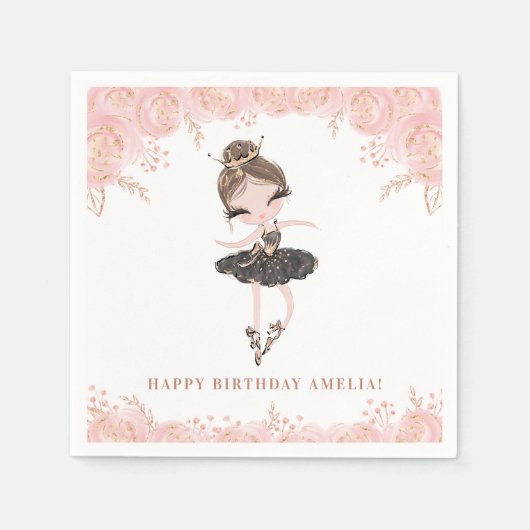 ブルネットバレリナインブラックドレスフローラ誕生日 スタンダードカクテルナプキン (正面)