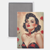 ブルネットピンアップレッドローズポートレート マグネット (正面/裏面)