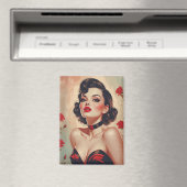 ブルネットピンアップレッドローズポートレート マグネット (インサイチュ (食洗機))