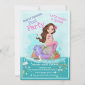 ブルネットピンクパープルマーメイドサマープールパーティー 招待状 (正面)