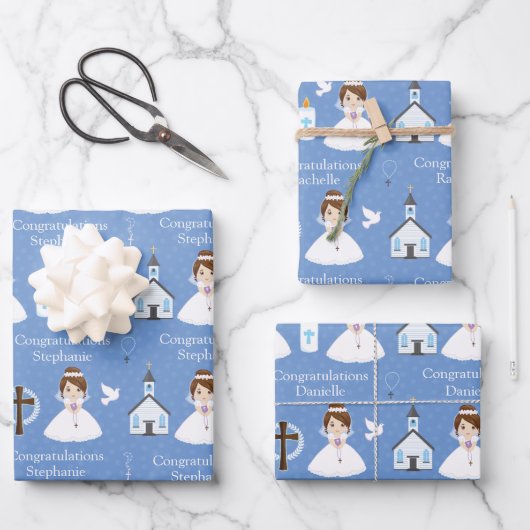 ブルネットファーストコミュニオンガール ラッピングペーパーシート (正面)