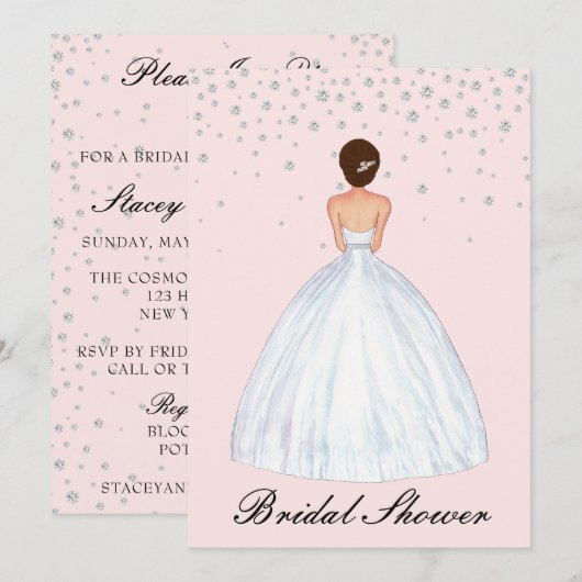 ブルネットブライドイラストレーションダイヤモンドブライダルシャワー 招待状 (正面/裏面)