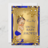 ブルネットプリンスボーイベビーシャワー金ゴールドブルーフローラ 招待状 (正面)