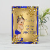 ブルネットプリンスボーイベビーシャワー金ゴールドブルーフローラ 招待状 (スタンド正面)