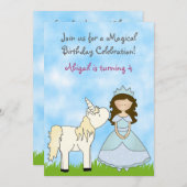 ブルネットプリンセスアンドユニコーン誕生日招待状 招待状 (正面/裏面)