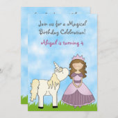 ブルネットプリンセスアンドユニコーン誕生日招待状 招待状 (正面/裏面)