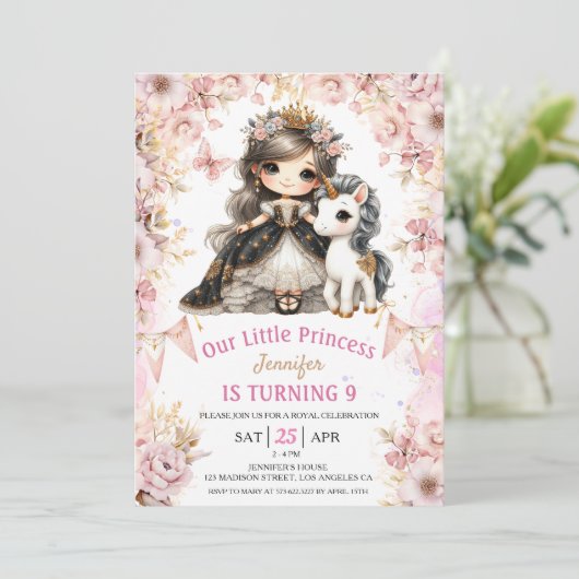 ブルネットプリンセスユニコーン第9誕生日招待状 招待状 (スタンド正面)