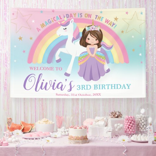 ブルネットプリンセスユニコーン誕生日レインボーウェルカム 横断幕 (パーティー)