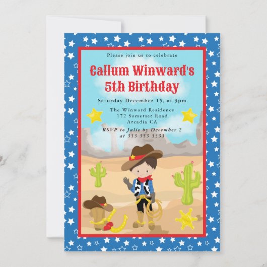 ブルネットヘアカウボーイウェスタン子供の誕生日 招待状 (正面)