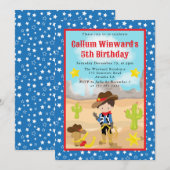 ブルネットヘアカウボーイウェスタン子供の誕生日 招待状 (正面/裏面)