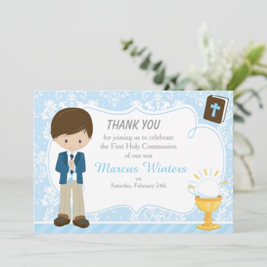 ブルネットヘアボーイファーストコミュニオンダマスク サンキューカード (スタンド正面)