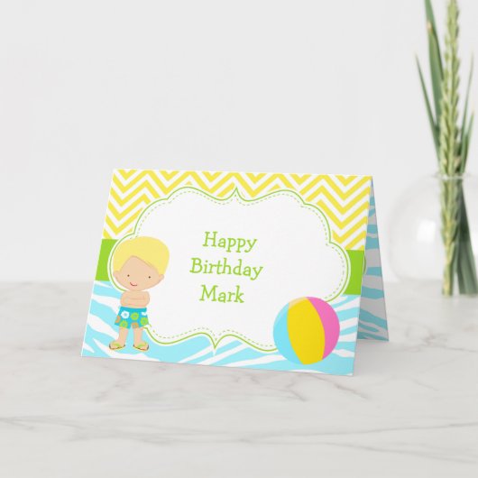 ブルネットヘアボーイプールパーティーバッシュパーティー カード (正面)