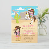 ブルネットヘア女性のカーボーイバースデーパーティー 招待状 (スタンド正面)
