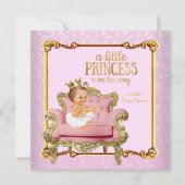 ブルネットベビープリンセスベビーシャワーピンク金ゴールド椅子 招待状 (正面)