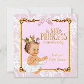 ブルネットベビープリンセスベビーシャワーホワイトピンク金ゴールド 招待状 (正面)