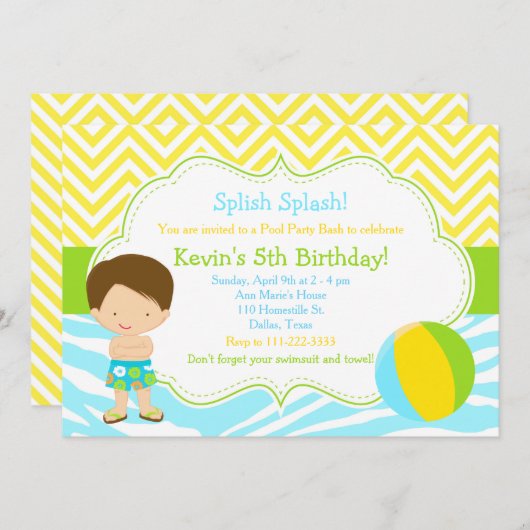 ブルネットボーイプールパーティーバッシュパーティー 招待状 (正面/裏面)