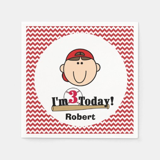 ブルネットボーイベースボール3rd誕生日紙ナプキンス スタンダードカクテルナプキン (正面)