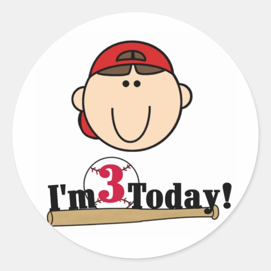 ブルネットボーイベースボール3rd誕生日Tシャツ ラウンドシール (正面)