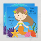 ブルネットマーメイドカスタム誕生日招待状 招待状 (正面/裏面)