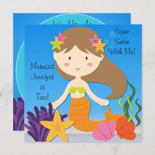 ブルネットマーメイドカスタム誕生日招待状 招待状 (正面/裏面)