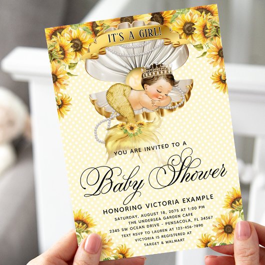 ブルネットマーメイドサンフラワーベビーシャワー招待状 招待状