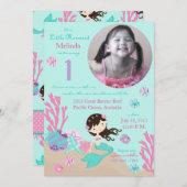ブルネットマーメイドファースト誕生日 招待状 (正面/裏面)